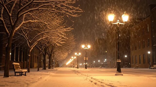Snowy city street at night with warm street lamps