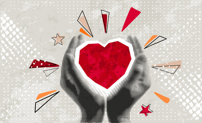 Halftone hands holding heart. Valentines day greeting card. Concept of love, charity, hope. World heart day banner	