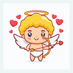 Obraz premium Cute cartoon Cupid with blonde hair, halo, wings, holding a bow and heart-tipped arrow, surrounded by red hearts on a white background.