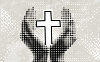 Trendy Halftone Collage with hands holding a cross. Halftone Collage of a hands hold a jesus cross. Christian and catholic religious beliefs. 
