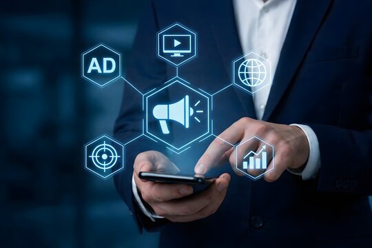 Online marketing campaign concept with ad targeting and media symbols