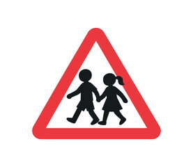 colored flat icon vector illustration isolated on white background children crossing triangular warning sign with simple kids silhouettes flat on white background clean shapes