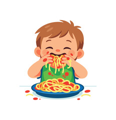 full color icon toddler feeding self with hands spaghetti noodles on plate messy kids eating clean shapes. colored flat icon vector illustration isolated on white background