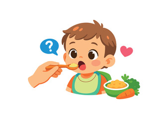 full color icon toddler tasting new food from spoon tiny question and heart food introduction moment clean shapes. colored flat icon vector illustration isolated on white background