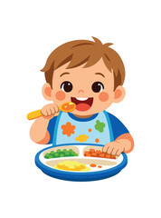 full color icon toddler with bib covered food spots and half empty plate real kid mealtime clean shapes. colored flat icon vector illustration isolated on white background