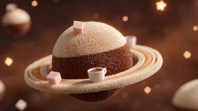 Surreal fluffy textured marshmallow Saturn like planet with brown chocolate band, tiny coffee cup and pink sugar cubes floating in warm starry space.