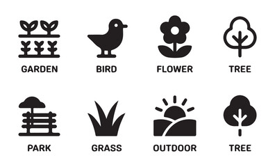 Minimalist garden and nature icons set representing outdoor environment landscaping and park life elements now