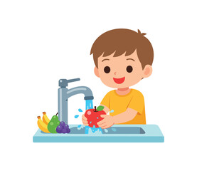 Fototapeta premium colored flat icon vector illustration isolated on white background isolated on white background child washing fruit under water tap rinse before eating rule flat on white background clean