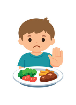 colored flat icon vector illustration isolated on white background isolated on white background child with plate half full and stop hand overeating avoid too much food rule flat on white