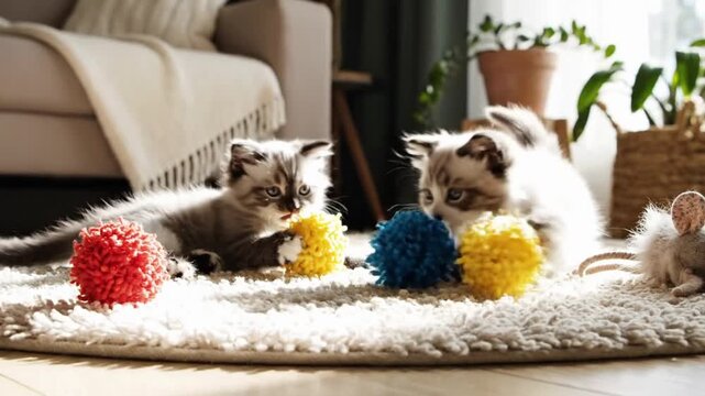 Playful kittens with colorful pom-pom toys in cozy living room