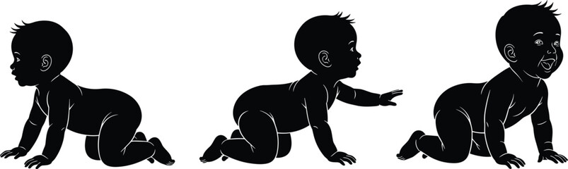 Silhouette illustration of crawling baby stages showing infant development positions, cute newborn child movement sequence isolated on white background vector design set black