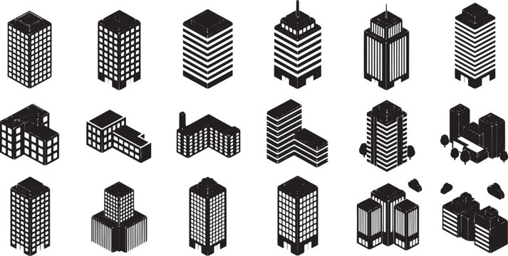A versatile collection of monochrome isometric building icons, ideal for architectural concepts, urban planning, and contemporary graphic design projects