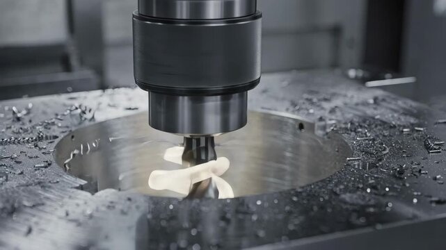 Medium frame showing a clear spiral interpolation path with wide pitch design highlighting smooth entry motion into a predrilled hole during CNC machining.