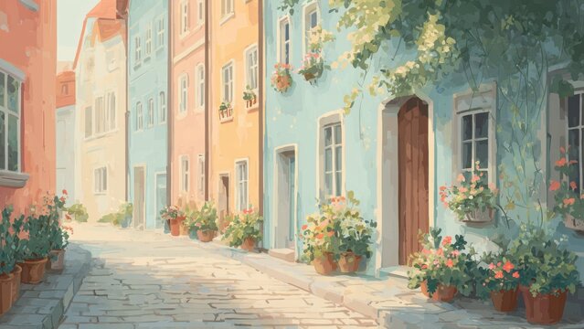 陽だまりのヨーロッパ街並み 水彩タッチ風景イラスト