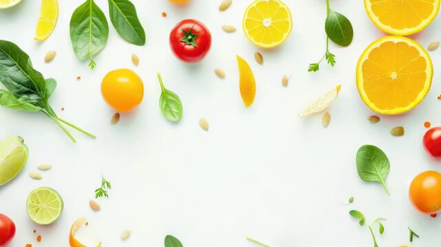Video A vibrant display of fruits and veggies organized in a circular pattern