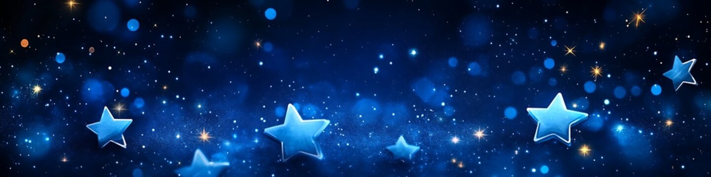Festive luminous blue three dimensional stars drift across a magical deep night sky background filled with glittering bokeh lights
