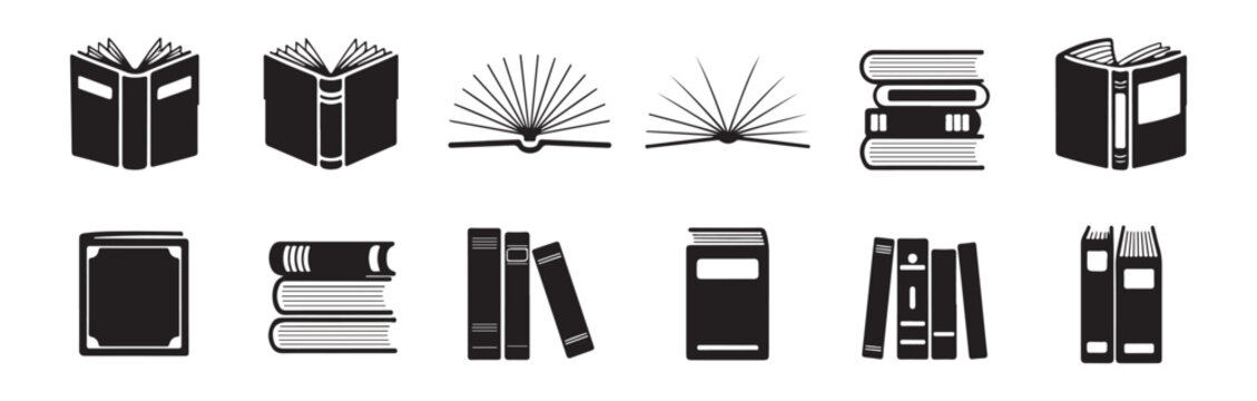 Comprehensive library book icon set with detailed spines and fanned pages for scholarly publishing graphics