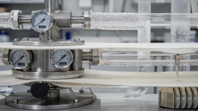 Medium shot of a porosity and filtration test rig measuring airflow through highefficiency fabric with gauges focusing on precise air resistance and fabric performance.