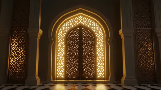 Ornate Arched Window with Geometric Patterns, 3D rotating Islamic arch doorway with glowing Ramadan patterns