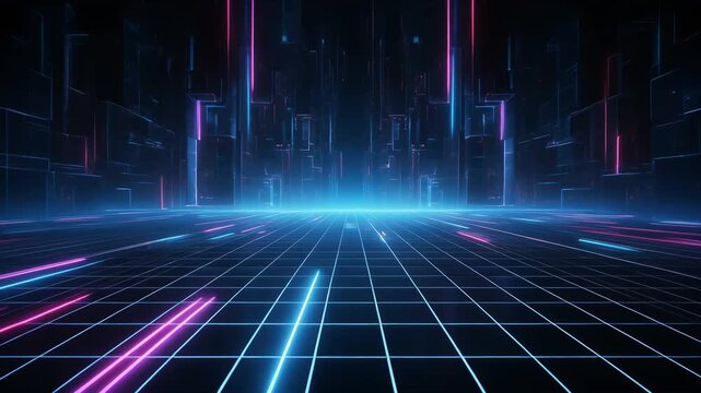 Cybernetic grid with traveling laser pulses, clean and modern tech feel animation
