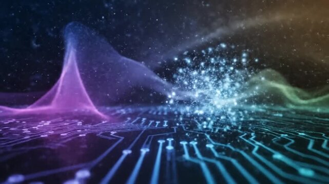 Digital Cosmos: A captivating depiction of digital data streams, electrical circuits, and glowing particles, set against a stunning celestial backdrop.