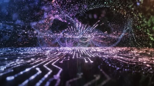Digital Universe: An ethereal digital landscape. intricate circuits, and vibrant cosmic particles that seem to come alive in a display of technological wonder.