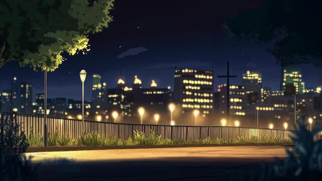 Retro muscle car parked at night in city with glowing skyline and streetlights. Generated AI