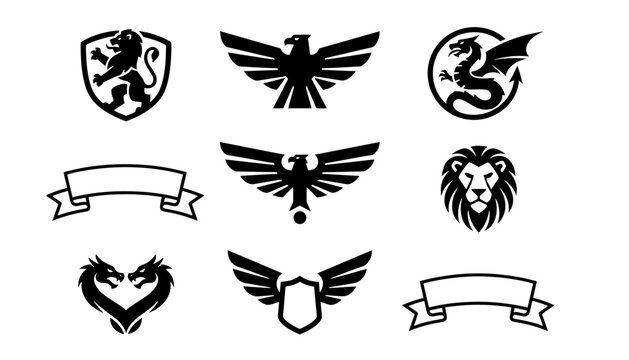 Collection of black heraldic vector silhouettes featuring lion head eagle dragon shields and ribbon banners for vintage coat of arms logo design