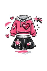 Obraz premium A design features a pink hoodie with a heart shape and a black skirt with star designs. This creative artwork highlights fun fashion elements in a simple style