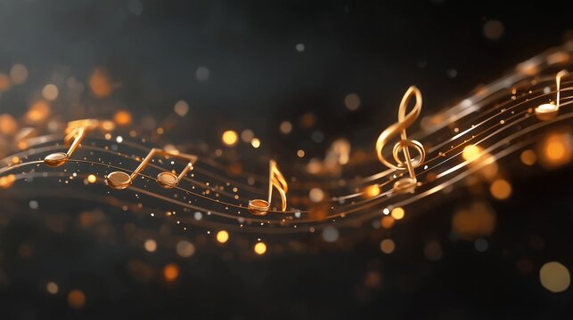 A series of musical notes are shown in a gold color