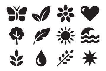 Nature and eco icons simple flat design butterfly leaf flower heart tree feather sun water drop plant and more © Moni