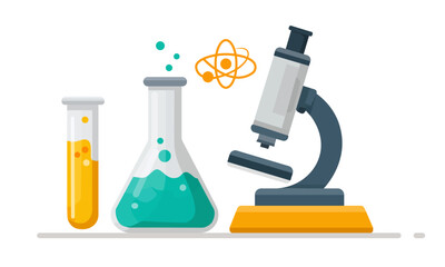  Microscope and glass flasks for research work