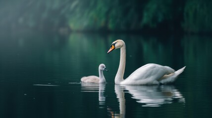 Graceful white swan with young cygnet on a dark serene pond