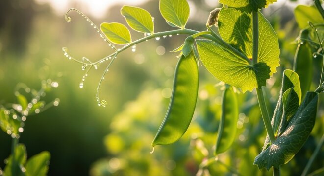 Close-up of pea plants with pods and dew drops, sunlight bokeh background