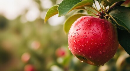 Obraz premium Dew-covered red apple hanging from a branch with leaves in soft, blurred light