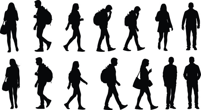 Collection of urban men and women silhouettes walking with backpacks and bags, daily commuter and traveler people set isolated on white background, modern lifestyle and mobility concept
