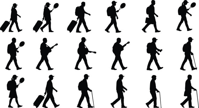 Collection of traveling and walking people silhouettes with luggage, backpacks, musical instruments, sports equipment, and canes showing tourism, mobility, and lifestyle isolated on white background