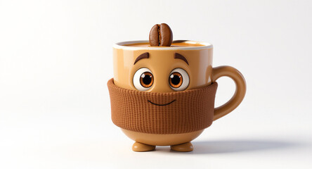 Whimsical coffee mug with a playful face and a single coffee bean