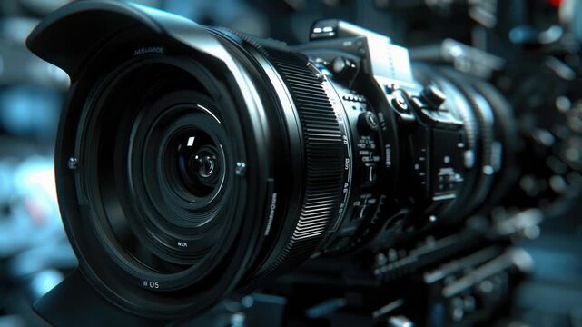 Video A close-up view of a camera lens mounted on a tripod, ideal for or videography setups