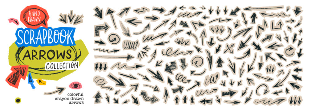Hand drawn cut out scrapbook arrows. Collage arrow elements for hand drawn notes, journaling and zine design. Scribble and doodle set.