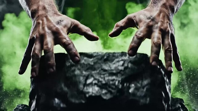 Two hands pushing massive carbon block downward as green light rises upward