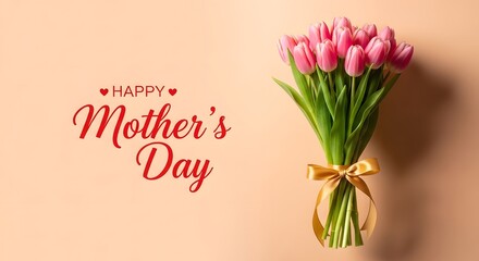 Obraz premium Happy mother's day bouquet of pink tulips on peach background