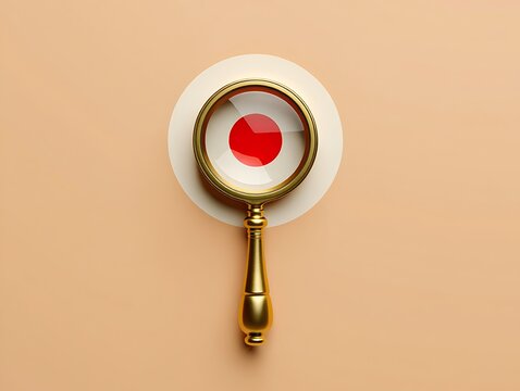 Magnifying glass with red gem on peach background with gold handle