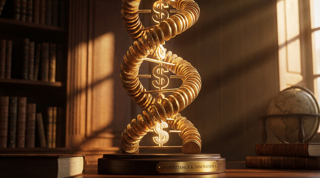 Golden double helix sculpture with dollar sign rungs wooden base evoking wealth and innovation warm library light, elegant financial concept