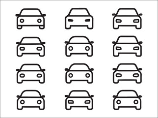 Fototapeta premium Isolated car icon set, car icon grid, vehicle, transport, drive, automobile, road, minimal flat vector, simple shapes, outline, black icons, professional UI, high res, design, isolated