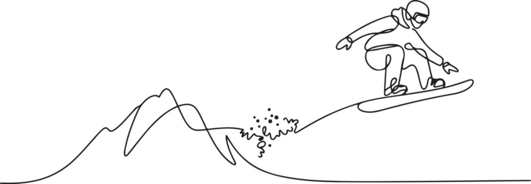 One continuous line drawing of young sporty man snowboarder riding snowboard and jump at alps snowy powder mountain.one line vector illustration with white background
