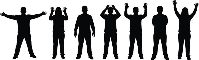 Obraz premium Human silhouettes in expressive standing poses, arms raised, body gestures, communication, diversity, black figures, white background, motion, design