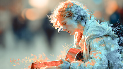 A young street musician plays a guitar in a softly lit urban setting, surrounded by sparkling particles that create a dreamy, emotional atmosphere.