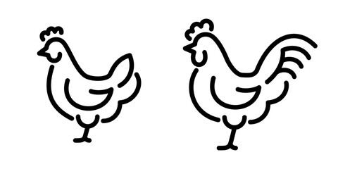 Obraz premium Chicken and rooster outline icon set. Minimal poultry symbols representing farming, agriculture, food production and rural design themes.
