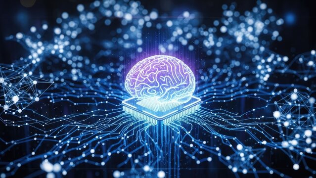 A glowing purple brain sits on a microchip surrounded by blue neural network connections